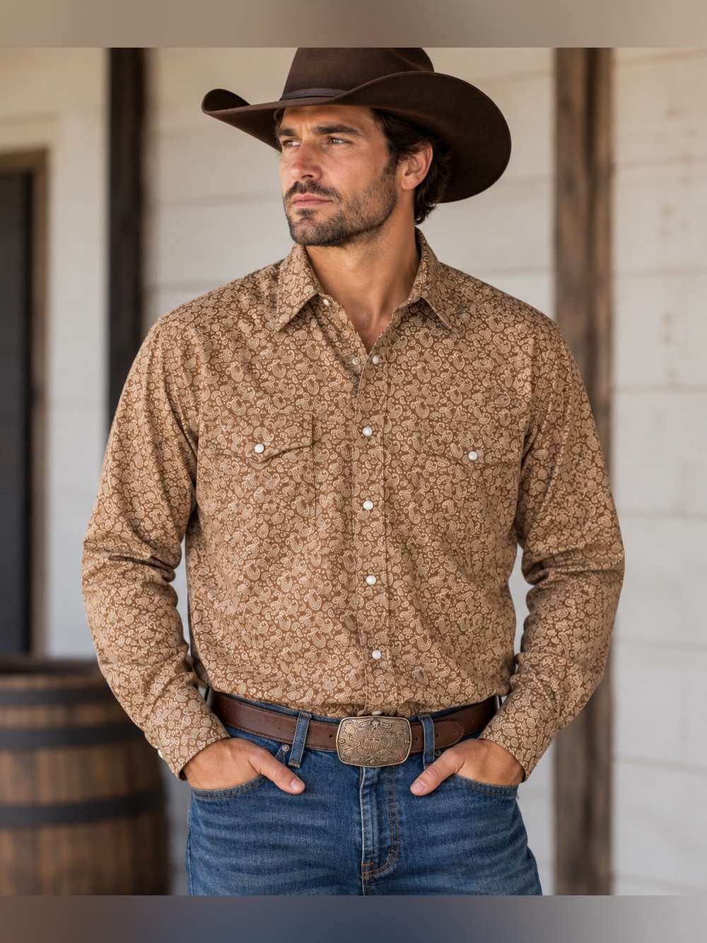 Wrangler Wrancher M Brown Paisley Pearl Snap Western Shirt Rodeo Country
